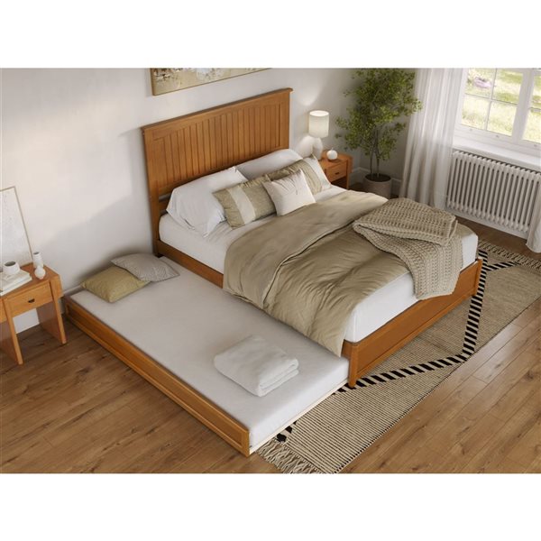 AFI Malta Queen Platform Bed with Panel Footboard and Twin XL Trundle in Light Toffee