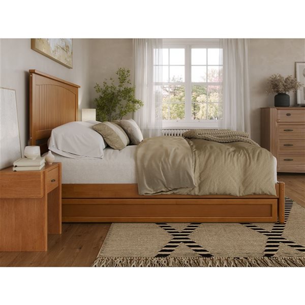 AFI Malta Queen Platform Bed with Panel Footboard and Twin XL Trundle in Light Toffee
