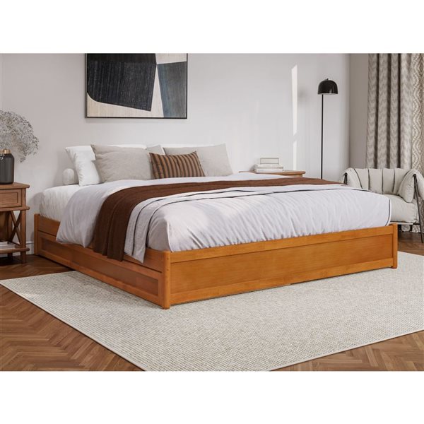AFI Barcelona King Panel Platform Bed with Twin XL Trundle in Light Toffee