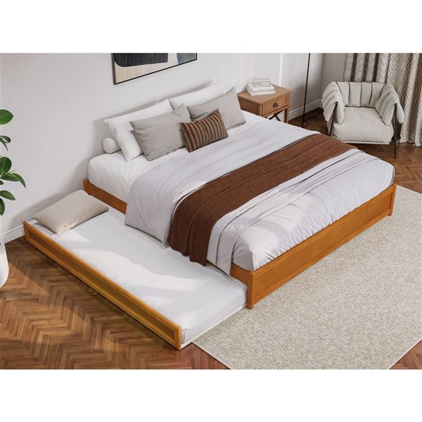 AFI Barcelona King Panel Platform Bed with Twin XL Trundle in Light Toffee