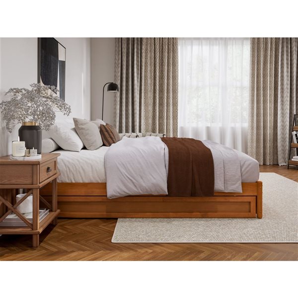 AFI Barcelona King Panel Platform Bed with Twin XL Trundle in Light Toffee