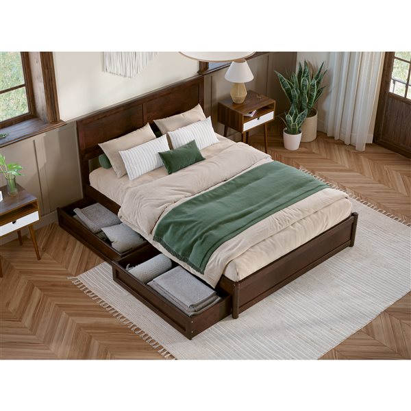 AFI Lylah Full Platform Bed with Panel Footboard and Storage Drawers in Walnut