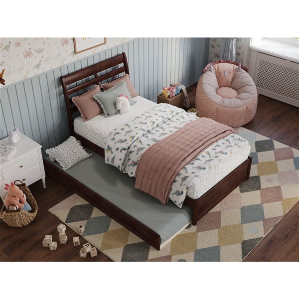 AFI Emelie Twin Platform Bed with Panel Footboard and Twin Trundle in Walnut
