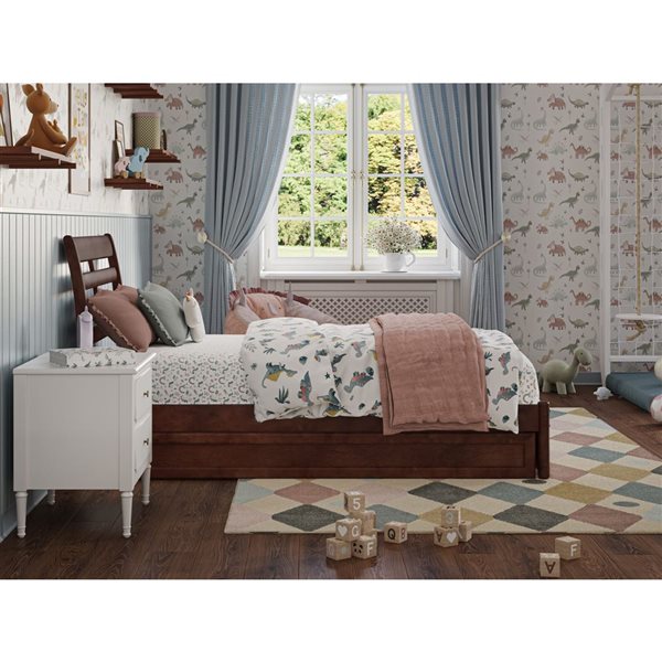 AFI Emelie Twin Platform Bed with Panel Footboard and Twin Trundle in Walnut