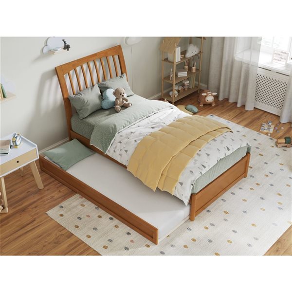AFI Roslyn Twin Platform Bed with Panel Footboard and Twin Trundle in Light Toffee