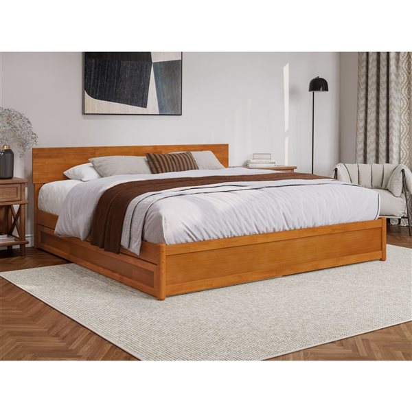 AFI Wesley King Platform Bed with Panel Footboard and Twin XL Trundle in Light Toffee