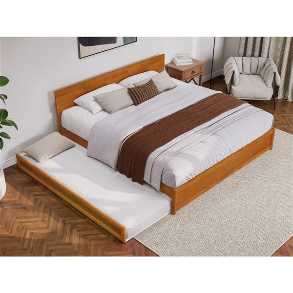 AFI Wesley King Platform Bed with Panel Footboard and Twin XL Trundle in Light Toffee