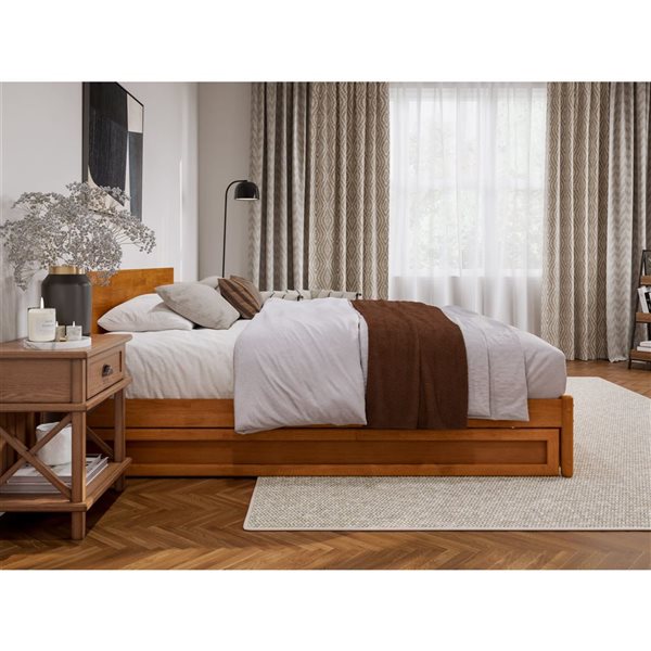 AFI Wesley King Platform Bed with Panel Footboard and Twin XL Trundle in Light Toffee
