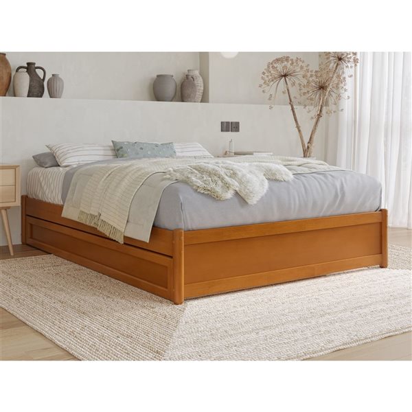 AFI Barcelona Full Panel Platform Bed with Twin Trundle in Light Toffee