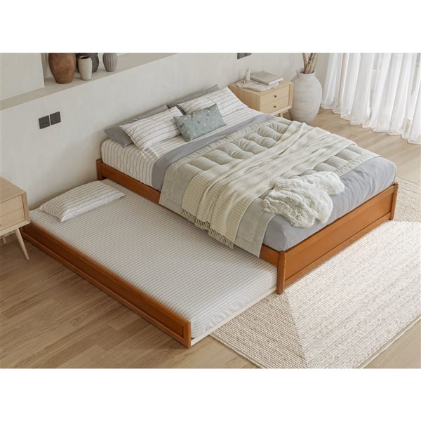 AFI Barcelona Full Panel Platform Bed with Twin Trundle in Light Toffee