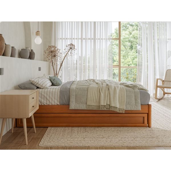 AFI Barcelona Full Panel Platform Bed with Twin Trundle in Light Toffee
