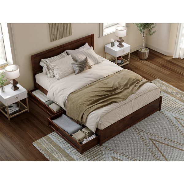 AFI Lylah Queen Platform Bed with Panel Footboard and Storage Drawers in Walnut
