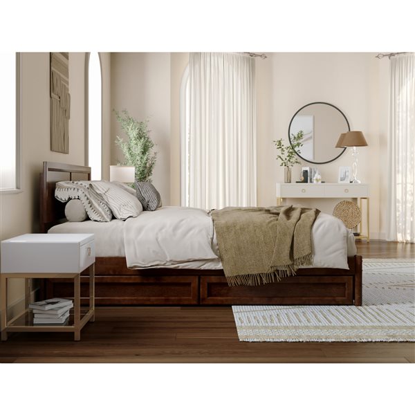 AFI Lylah Queen Platform Bed with Panel Footboard and Storage Drawers in Walnut