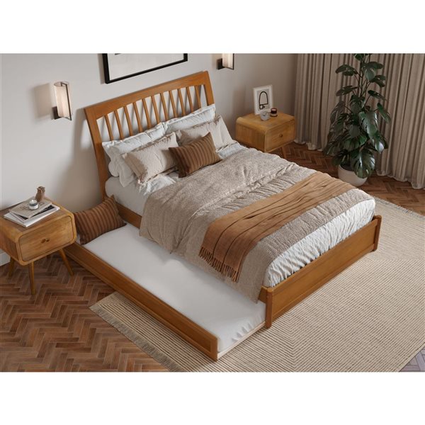 AFI Roslyn Full Platform Bed with Panel Footboard and Twin Trundle in Light Toffee