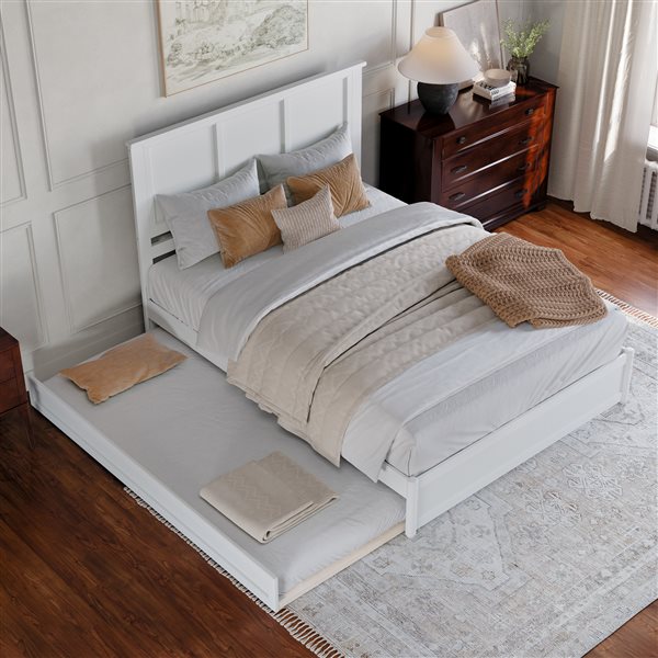 AFI Felicity Queen Platform Bed with Panel Footboard and Twin XL Trundle in White