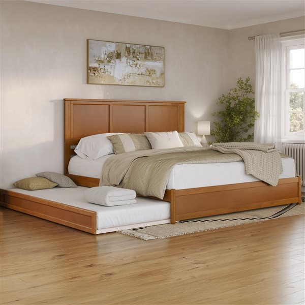 AFI Felicity King Platform Bed with Panel Footboard and Twin XL Trundle in Light Toffee