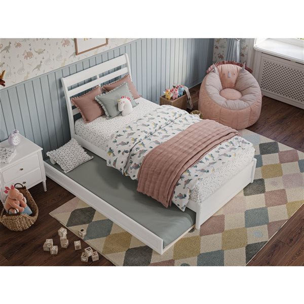 AFI Emelie Twin Platform Bed with Panel Footboard and Twin Trundle in White