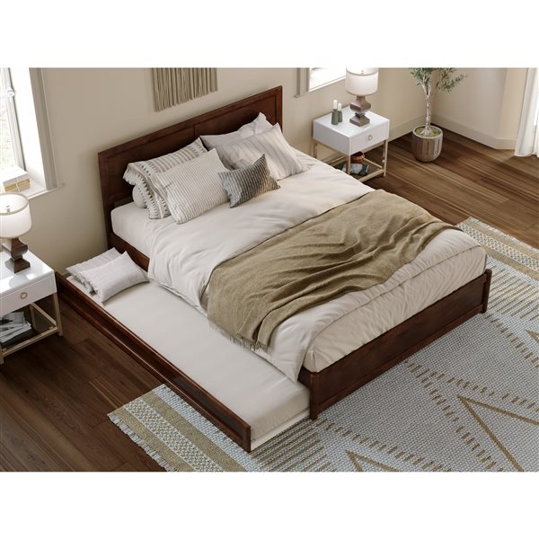 AFI Lylah Queen Platform Bed with Panel Footboard and Twin XL Trundle in Walnut