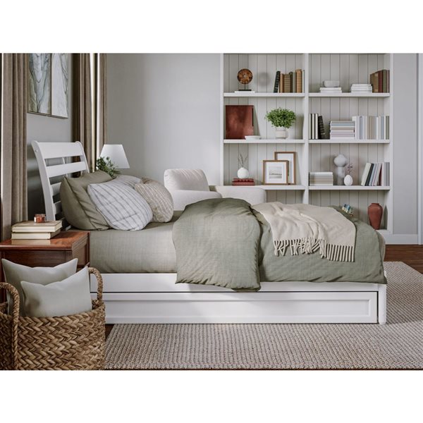 AFI Emelie Queen Platform Bed with Panel Footboard and Twin XL Trundle in White