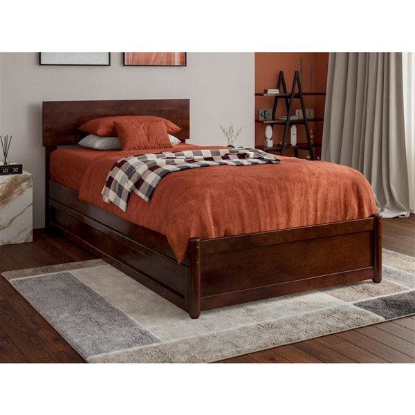 AFI Wesley Twin XL Platform Bed with Panel Footboard and Twin XL Trundle in Walnut