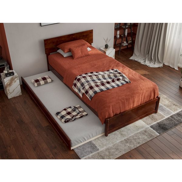 AFI Wesley Twin XL Platform Bed with Panel Footboard and Twin XL Trundle in Walnut