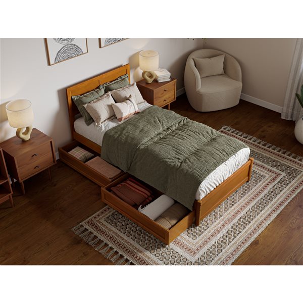AFI Lylah Twin XL Platform Bed with Panel Footboard and Storage Drawers in Light Toffee