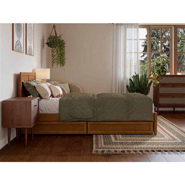 AFI Lylah Twin XL Platform Bed with Panel Footboard and Storage Drawers in Light Toffee