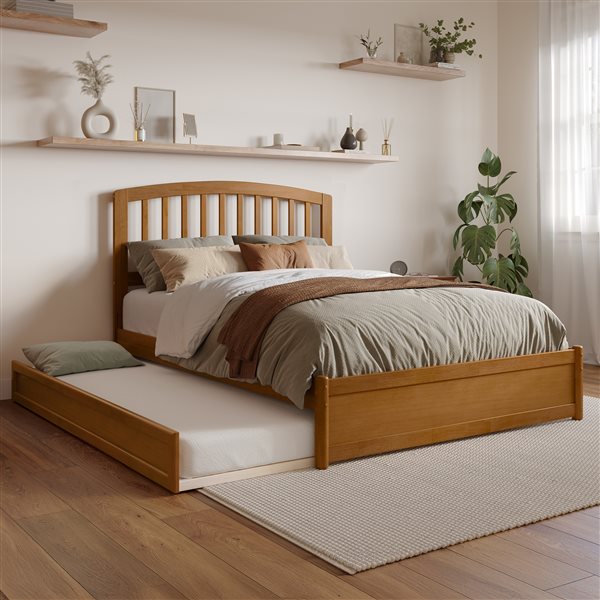 AFI Lucia Full Platform Bed with Panel Footboard and Twin Trundle in Light Toffee