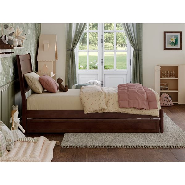 AFI Casanova Twin Platform Bed with Panel Footboard and Twin Trundle in Walnut