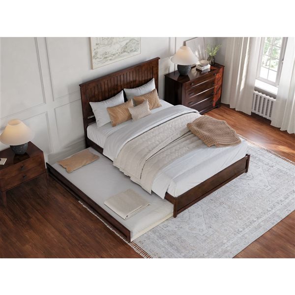 AFI Malta Queen Platform Bed with Panel Footboard and Twin XL Trundle in Walnut