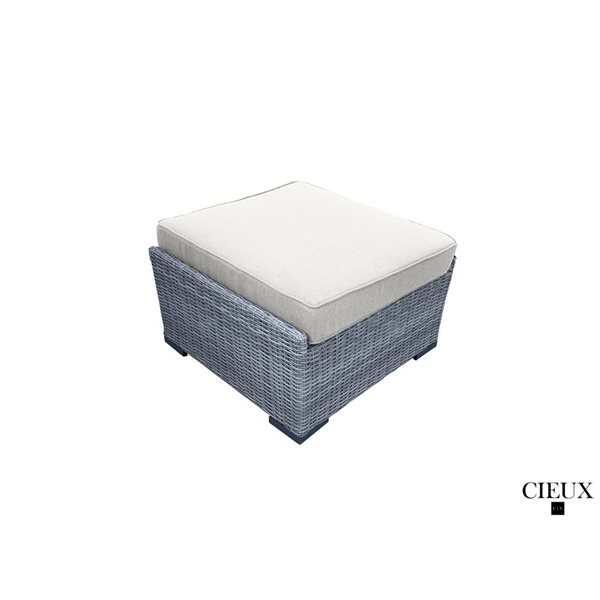 CIEUX Cannes Grey Outdoor Patio Wicker Ottoman with Off-White Sunbrella Cushions