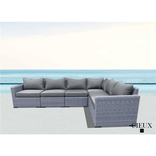 CIEUX Cannes Outdoor Patio Grey Wicker Modular L-Shaped Sectional Sofa with Sunbrella Cushions