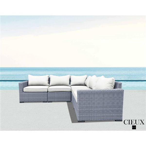 CIEUX Cannes Outdoor Patio Grey Wicker Modular Corner Sectional Sofa with Off-White Sunbrella Cushions