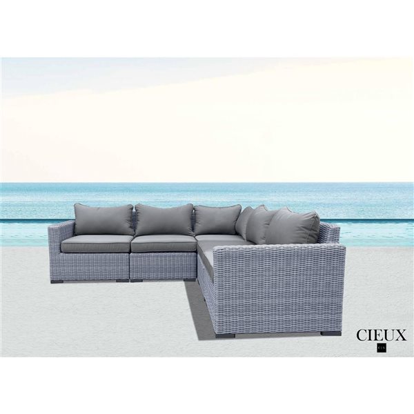 CIEUX Cannes Outdoor Patio Grey Wicker Modular Corner Sectional Sofa with Sunbrella Cushions