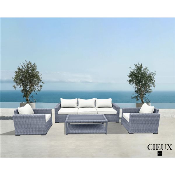 CIEUX Cannes Outdoor Patio Grey Wicker Sofa Conversation Set with Off-White Sunbrella Cushions