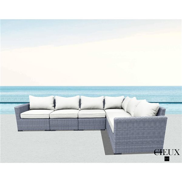 CIEUX Cannes Outdoor Patio Grey Wicker Modular L-Shaped Sectional Sofa with Off-White Sunbrella Cushions