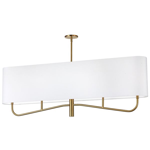 Lustre transitionnel linéaire Eleanor de Dainolite 4 lumières 54 po l. avec abat-jour en tissu blanc, laiton patiné