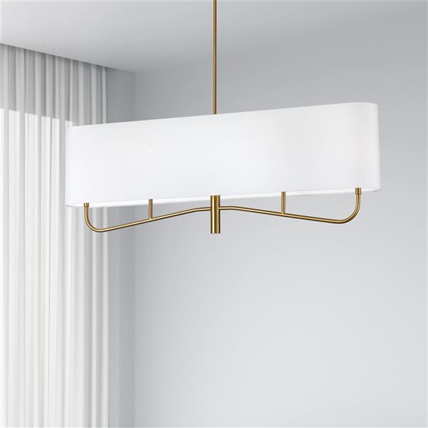 Lustre transitionnel linéaire Eleanor de Dainolite 4 lumières 54 po l. avec abat-jour en tissu blanc, laiton patiné