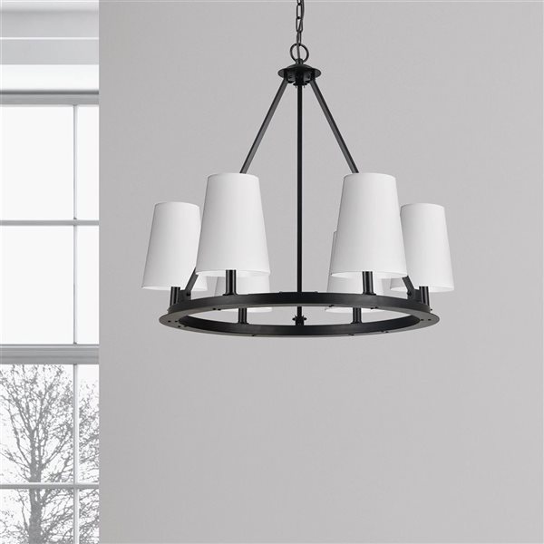 Lustre transitionnel Colby de Dainolite 6 lumières 30 po diamètre avec abat-jour blancs, noir mat