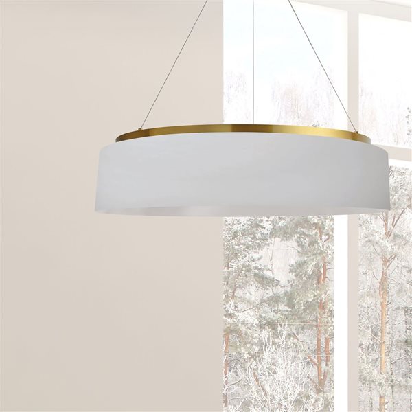 Lustre moderne intégré à DEL Circulo Dainolite 34 W 26 po diamètre x 6 po h. abat-jour en tissu blanc, laiton patiné