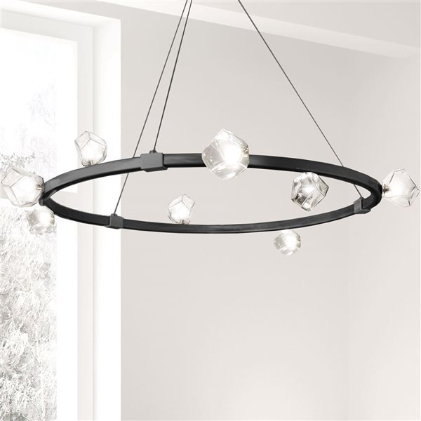 Lustre rond moderne Pearlene de Dainolite 42 po diamètre avec verre clair, noir mat