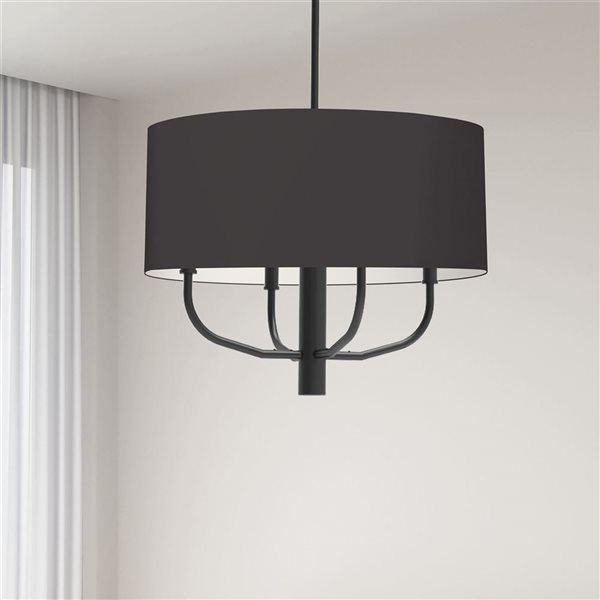 Lustre transitionnel Eleanor de Dainolite 4 lumières avec abat-jour en tissu noir/blanc, noir mat