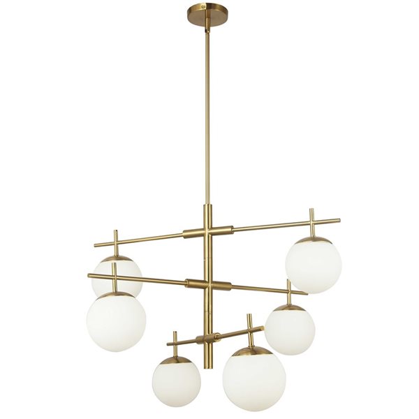 Lustre moderne Caelia de Dainolite 6 lumières 30 l. x 22 po h. à verre opale blanc, laiton patiné