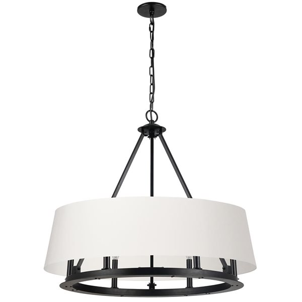 Lustre transitionnel Colby de Dainolite 6 lumières 29 po diamètre avec abat-jour en tissu blanc, noir mat