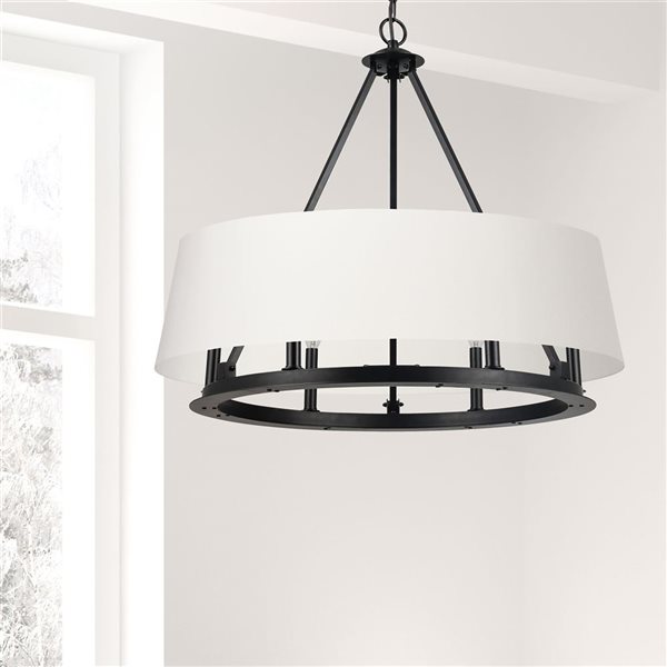 Lustre transitionnel Colby de Dainolite 6 lumières 29 po diamètre avec abat-jour en tissu blanc, noir mat