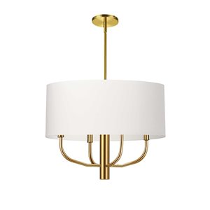 Lustre transitionnel Eleanor de Dainolite 4 lumières avec abat-jour en tissu blanc, laiton patiné