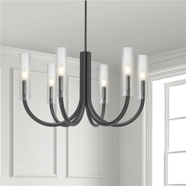 Dainolite Wand 30-in dia. 6-Light Matte Black Transitional Chandelier w/ Frosted Glass