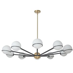 Lustre moderne Sofia de Dainolite 10 lumières 50 po diamètre avec verre opale blanc, noir mat/laiton patiné