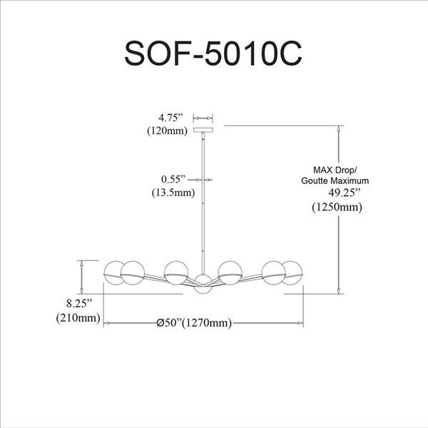 Lustre moderne Sofia de Dainolite 10 lumières 50 po diamètre avec verre opale blanc, noir mat/laiton patiné