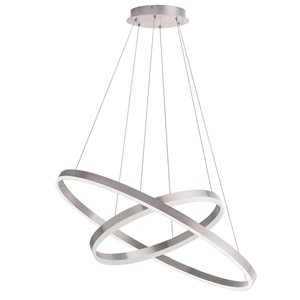 Lustre moderne Circulo de Dainolite à deux anneaux 97 W 29 l. x 14 h. po avec diffuseur en acrylique blanc, argent